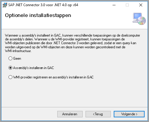 Schermopname van de optionele SAP-installatiestappen met Assembly's installeren geselecteerd voor GAC.