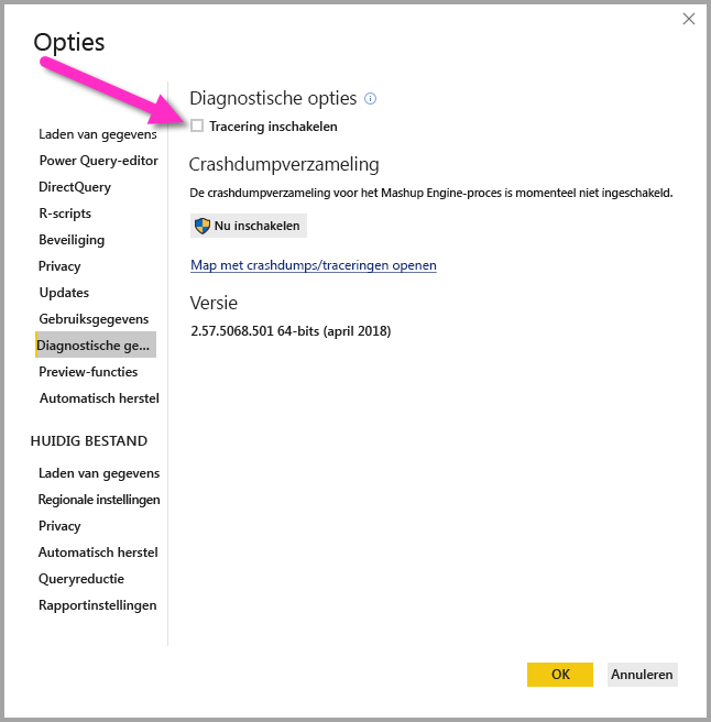 Screenshot shows the option to enable tracing in Power BI Desktop.