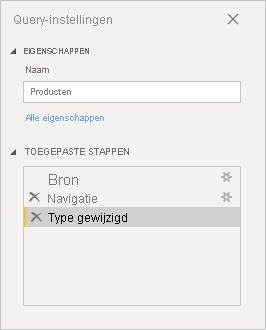 Screenshot that shows the applied steps in the Products query.