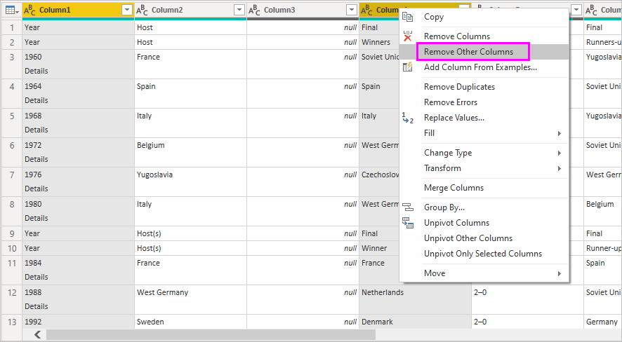 Screenshot shows columns highlighted with Remove Other Columns selected in the context menu.