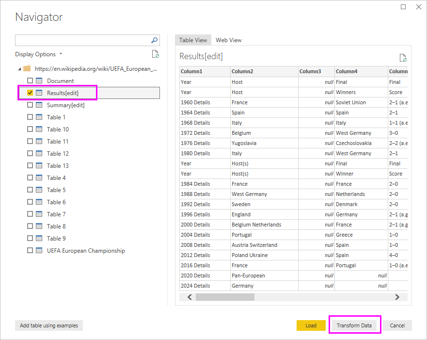 Schermopname van het dialoogvenster Navigator met een tabel geselecteerd en Gegevens transformeren gemarkeerd.