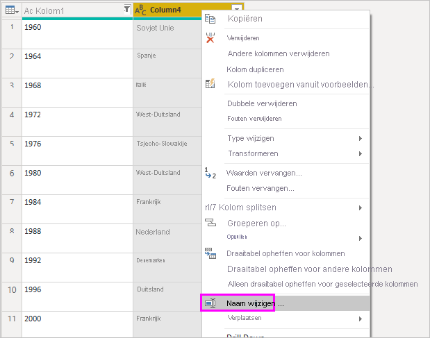 Screenshot shows the Rename option selected from the context menu for a column.