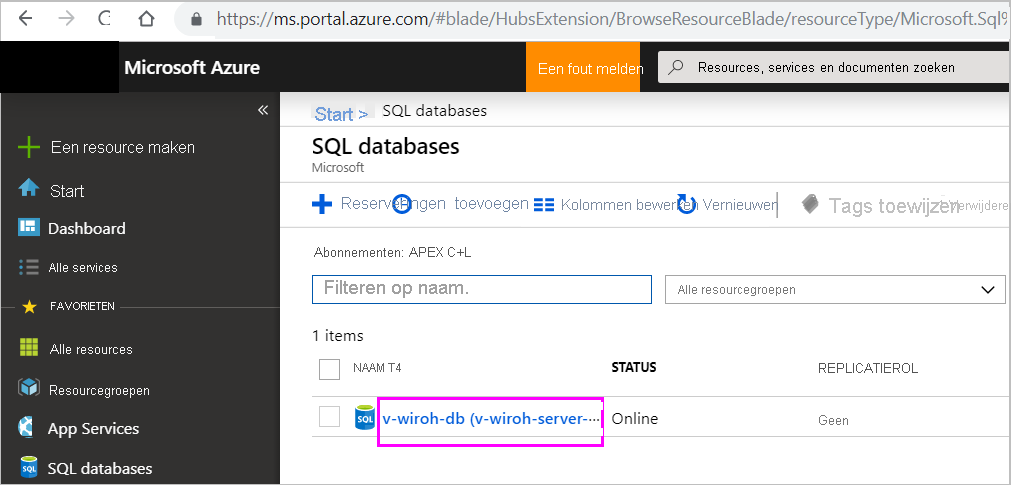 Screenshot shows the SQL databases page in the Azure portal with a database highlighted.