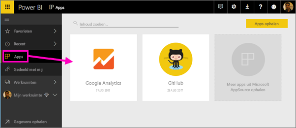 Screenshot shows the Power BI service with Apps selected in the navigation bar.
