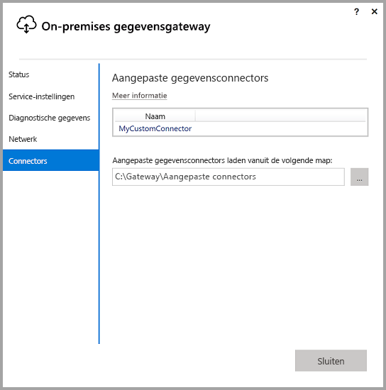 Screenshot that shows the Custom data connectors screen in the On-premises data gateway app.