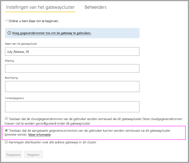 Screenshot that shows enabling custom connectors on the on-premises gateway Settings page.