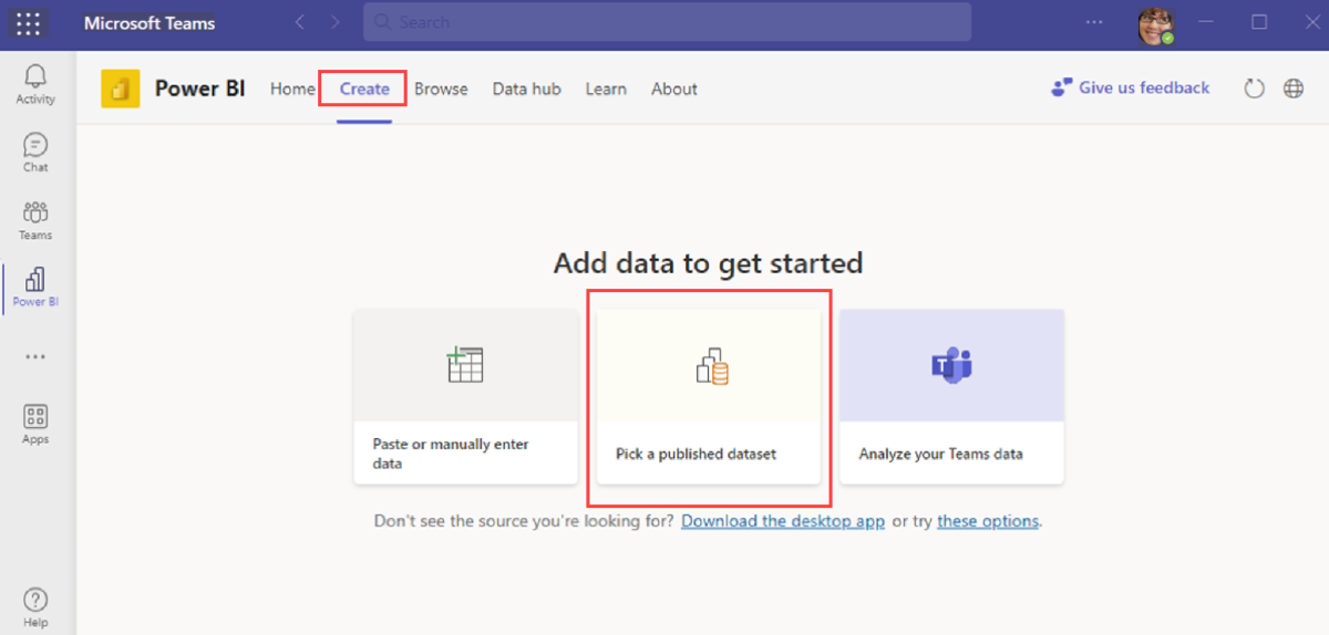 Schermopname van de Power BI-app die is geopend in Teams met het tabblad Maken en kies een gepubliceerde semantische modeloptie geselecteerd.