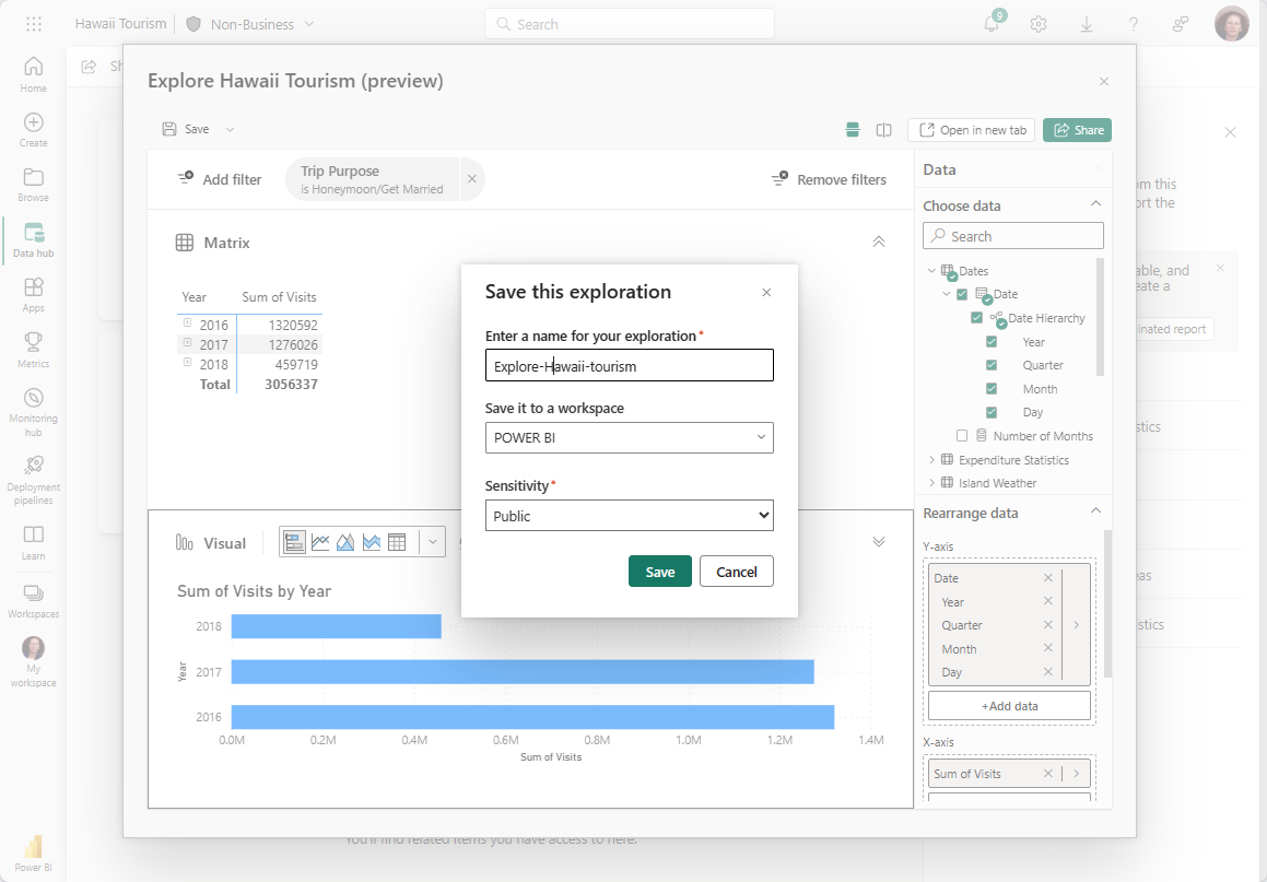 Schermopname van het benoemen van de verkenning en het toevoegen aan een werkruimte.