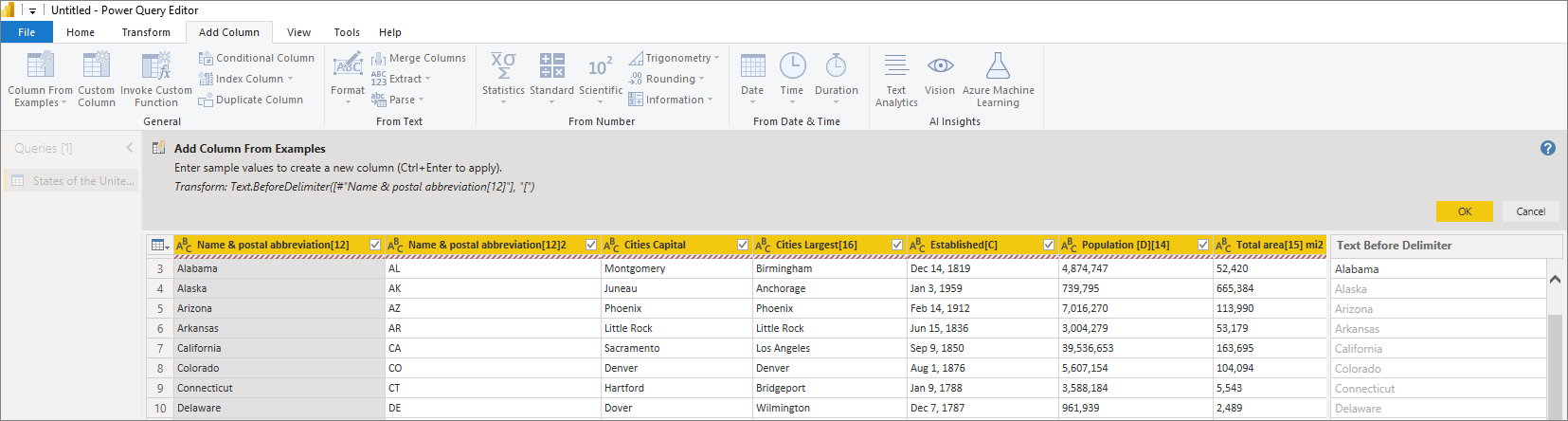 Schermopname van Power Query-editor, waarin wordt getoond hoe u een kolom toevoegt vanuit voorbeelden in Power BI Desktop.