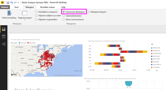 Screenshot showing how to turn on the Bookmarks pane in Power BI Desktop.