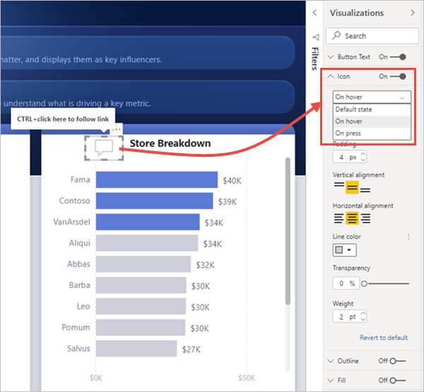 Screenshot showing the On hover state of a button in a Power BI report.