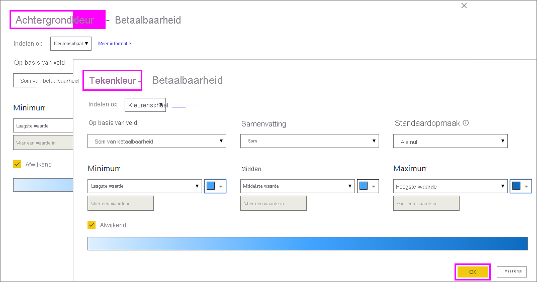 Conditional formatting dialog for Background color and Font color