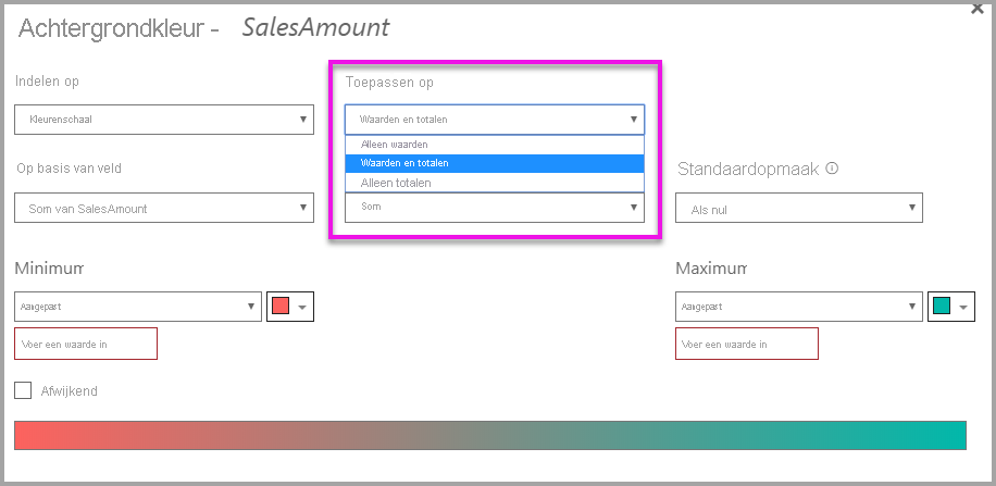 Conditional formatting dialog: Apply to dropdown is set to Values and totals.