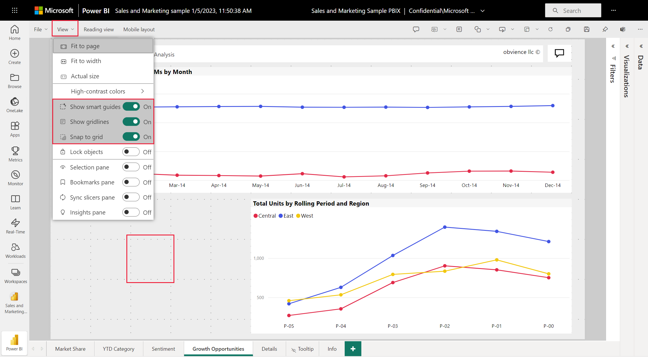 Screenshot of the report canvas, showing how to enable gridlines and snap to grid in Power BI Desktop reports.