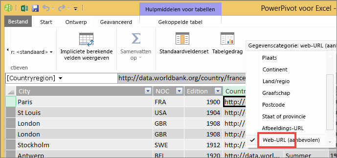 Data category dropdown in Excel