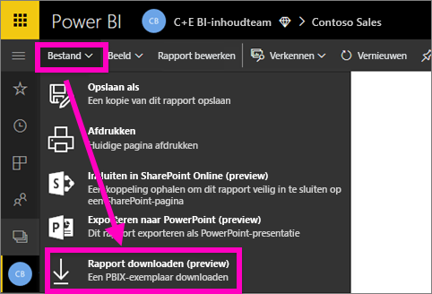 Een schermopname van het menu Bestand in de Power BI-service, met de optie Een PBIX-bestand downloaden gemarkeerd.