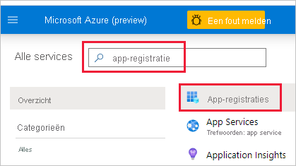 Schermopname van Azure Portal, met app-registratie in het zoekvak. Dat vak en het pictogram App-registraties zijn gemarkeerd.