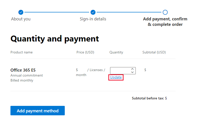 Schermopname van de pagina hoeveelheid en betaling, waarop u het aantal benodigde licenties kunt selecteren. Update is gemarkeerd.