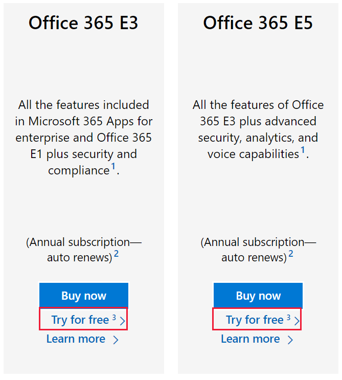 Schermopname van de beschikbare Microsoft Office 365 opties. Gratis proberen is gemarkeerd.