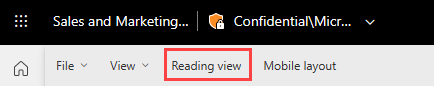 Schermopname van de werkbalk met de woorden 'Reading view' die rood zijn omlijnd.