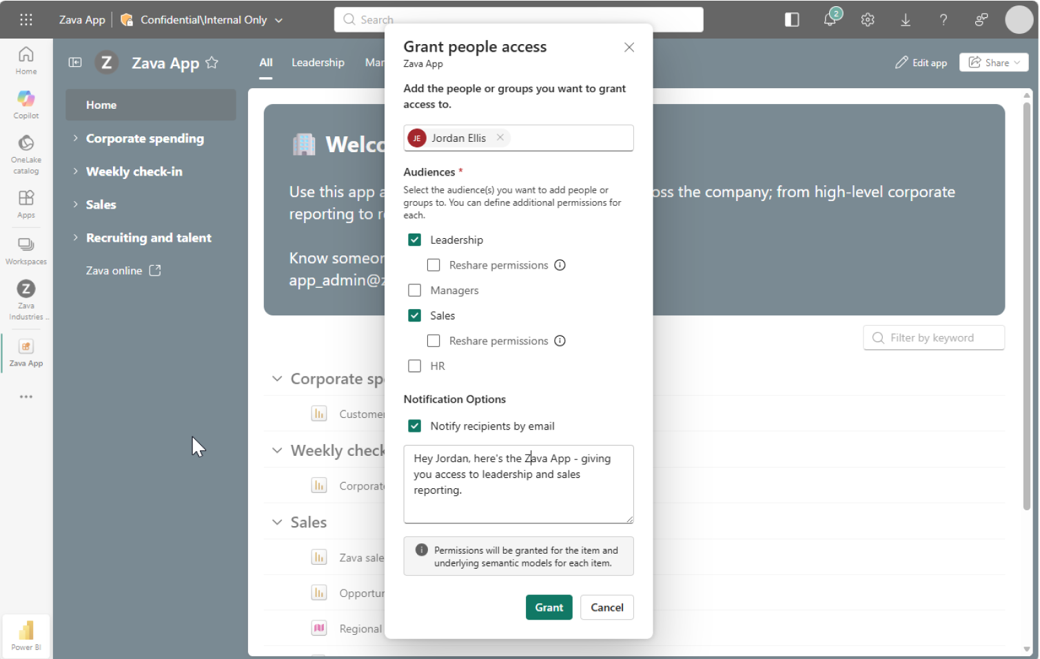 Schermopname van het venster Personen toegang verlenen voor een organisatie-app met geselecteerde doelgroepen, e-mailmelding voor ontvangers en berichttekst.