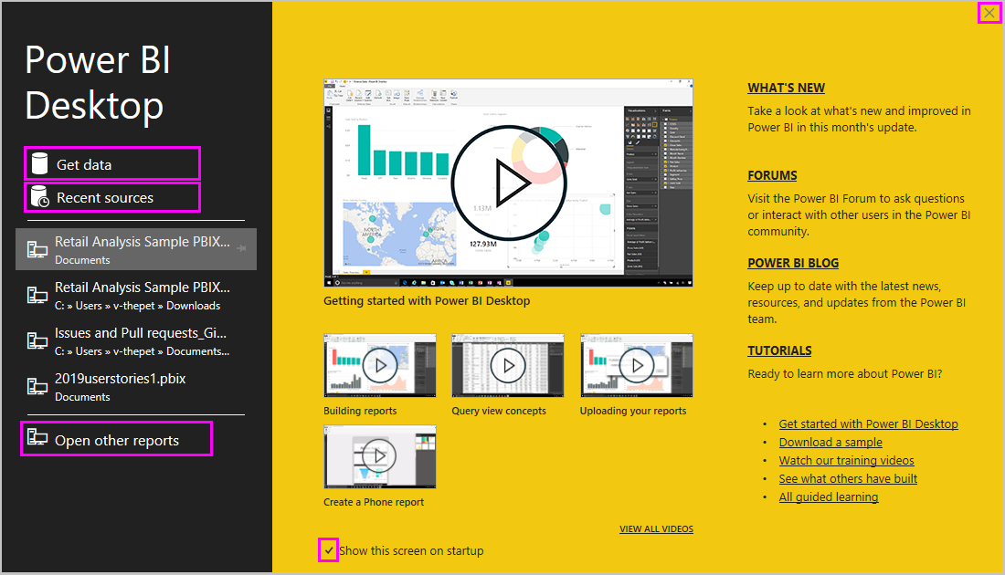 Screenshot of Power B I Desktop showing the Welcome screen.