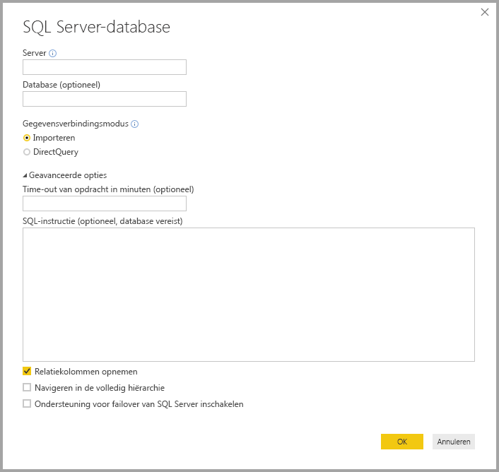 Screenshot of Power BI Desktop showing SQL Server database dialog box.