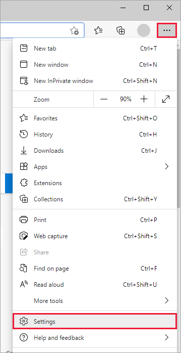 Schermopname van Microsoft Edge met het pictogram Instellingen en meer.