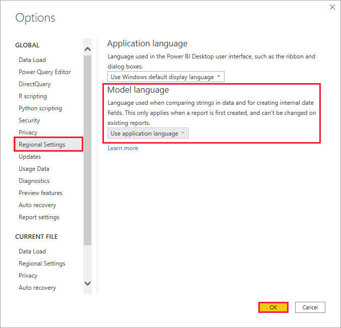 Schermopname van Power BI Desktop waarin wordt getoond hoe u de modeltaal instelt.