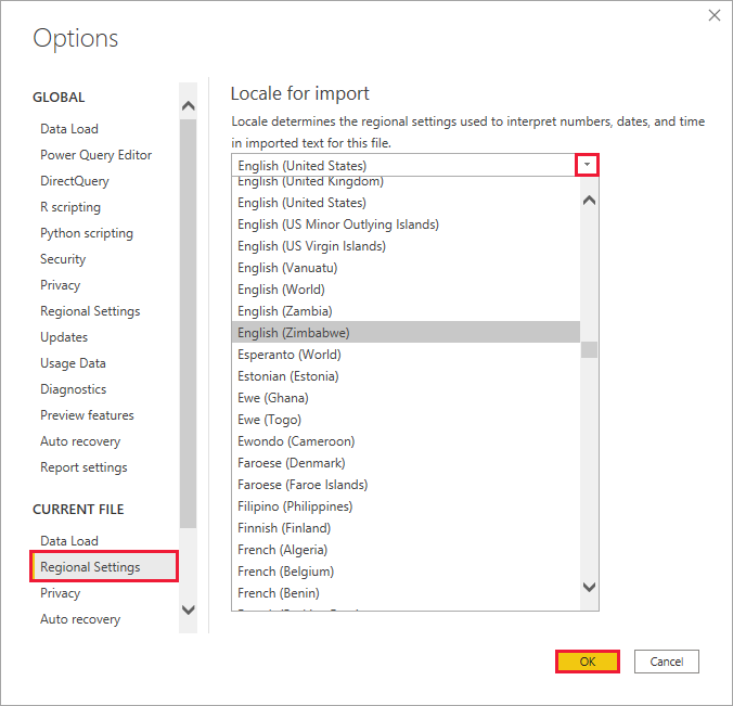 Schermopname van Power BI Desktop met het dialoogvenster Opties.