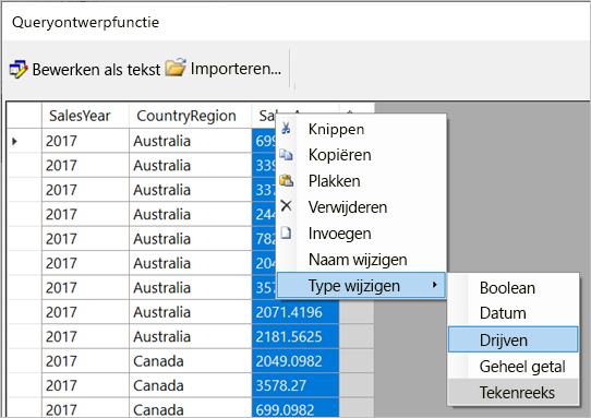 Screenshot of the Change data type options.