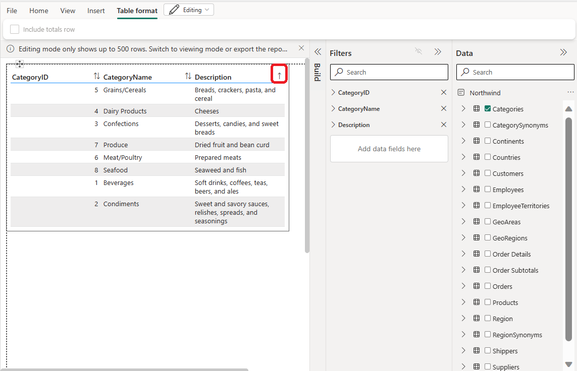 Schermopname van gesorteerde kolom in creatie.