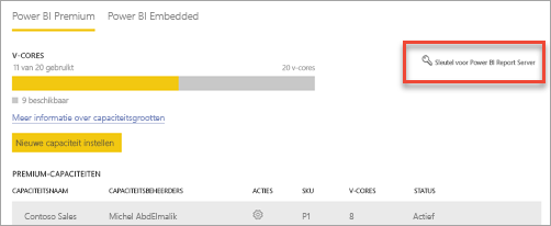 Screenshot of Power BI Report Server key within Premium settings.