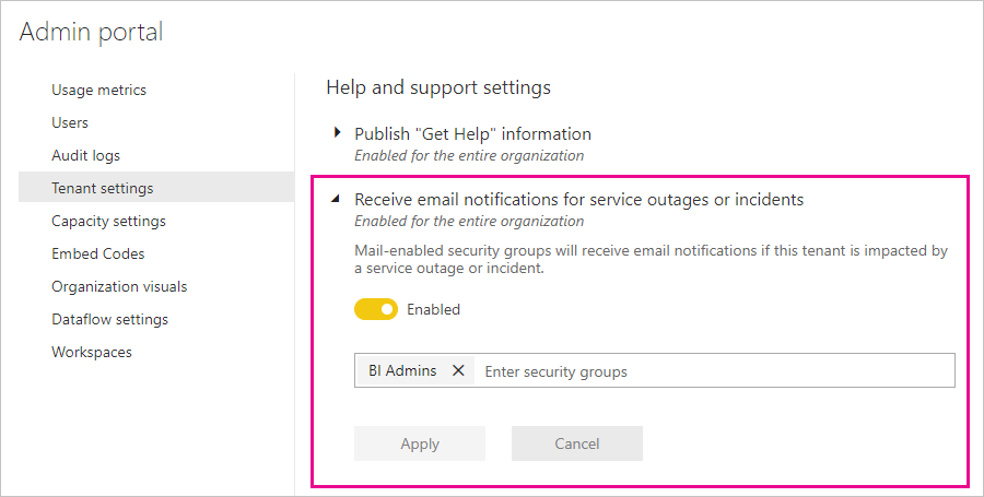 Schermopname van tenantinstellingen van de Power BI-beheerportal met opties voor servicestoringsmeldingen ingeschakeld.