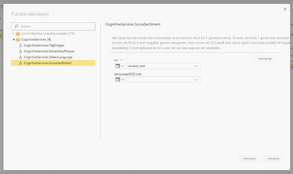 Screenshot of the Invoke function dialog showing CognitiveServices.ScoreSentiment selected.