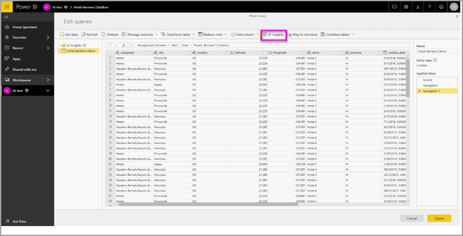 Screenshot of Power Query highlighting the AI insights button.
