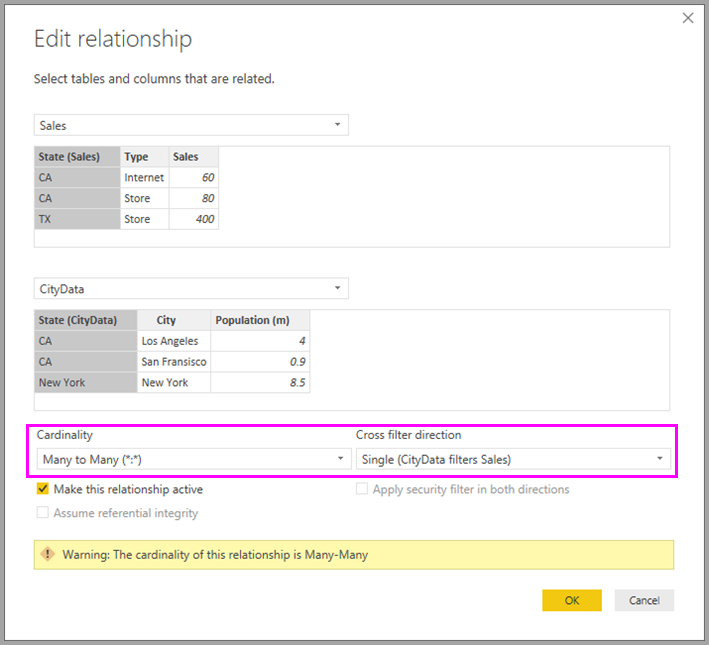 Screenshot of a many-to-many relationship in the Edit relationship pane.