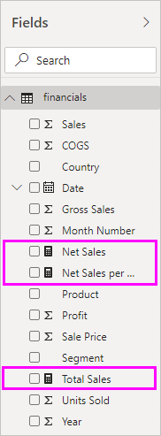 Screenshot of Measure fields in the Fields pane.