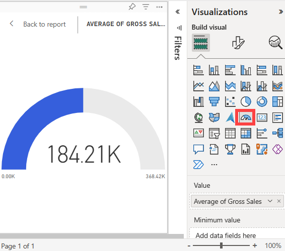 Screenshot of the initial gauge chart in Power BI that shows the average of gross sales as the gauge value.