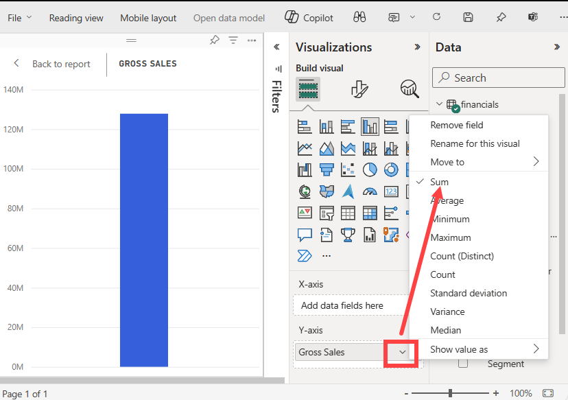 Screenshot that shows the default cluster column chart for the selected data field.