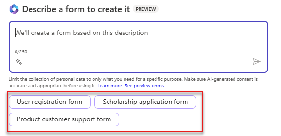 Schermopname van de pagina voor het genereren van formulieren, waarbij vooraf gemaakte formulieren zijn gemarkeerd.
