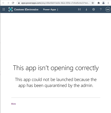 Power Apps-quarantaine- en -gebruikersbericht: deze app kan niet worden gestart omdat de app in quarantaine is geplaatst door de beheerder.