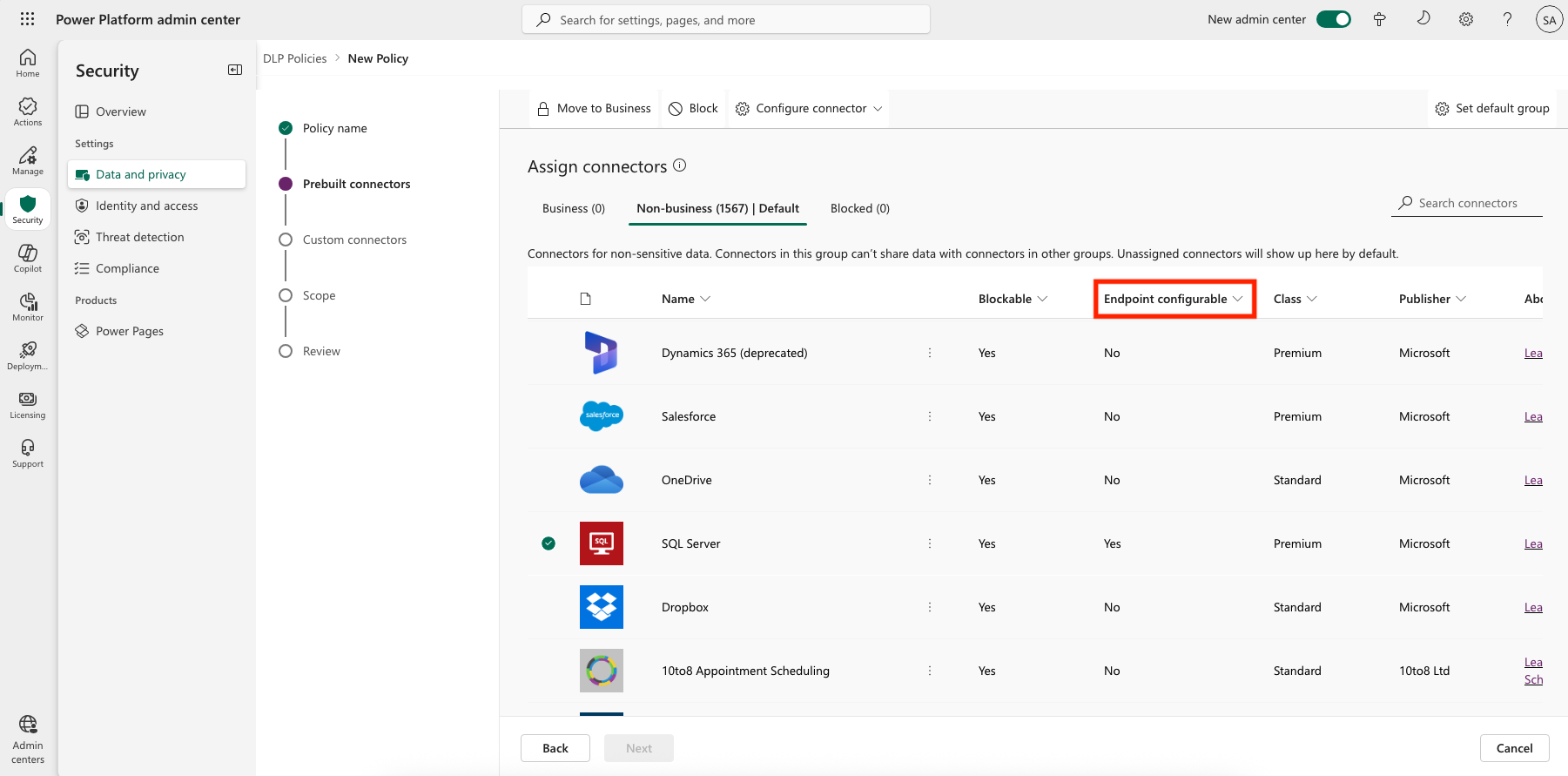 Eindpunt is configureerbaar op de pagina Vooraf gebouwde connectors.