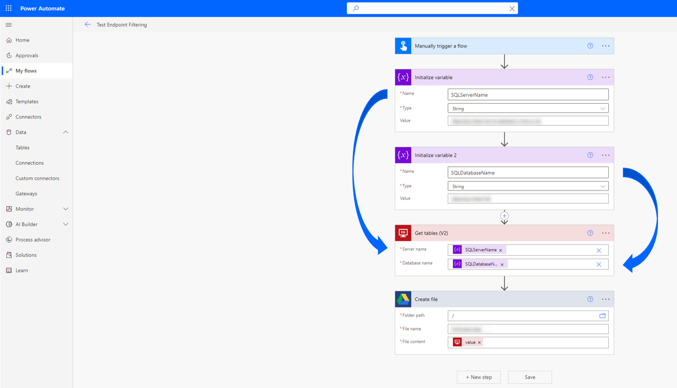 Cloudstroom gebruikt variabelen om verbinding te maken met SQL.