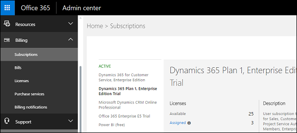 Microsoft 365-beheercentrum: abonnementen.