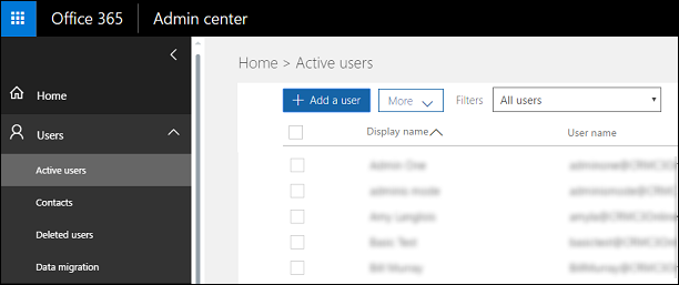 Microsoft 365-beheercentrum: actieve gebruikers.