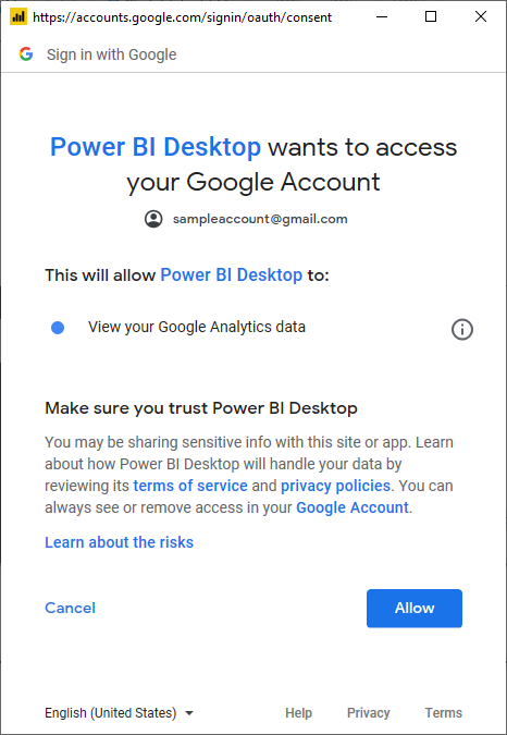Allow access to your Google account from Power Query Online.