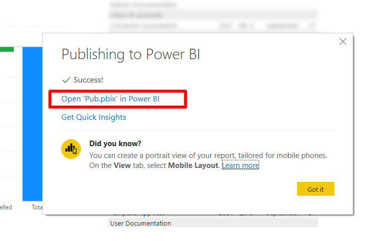 Schermopname van het publiceren naar Power BI dialoogvenster, met het bericht geslaagd en een benadrukt link.