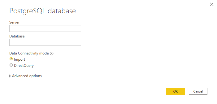 PostgreSQL connection builder in Power BI.