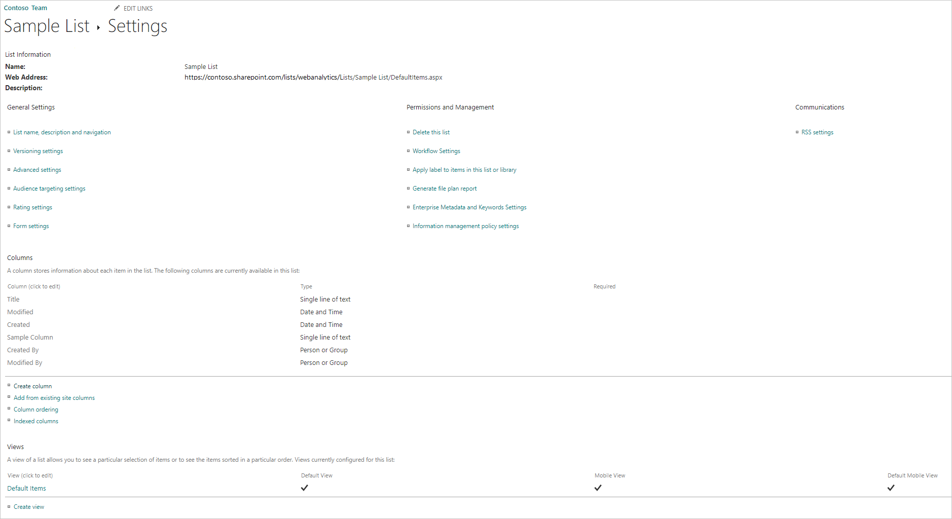Een scherm met een voorbeeld van de standaardweergave van een SharePoint Online-lijst.